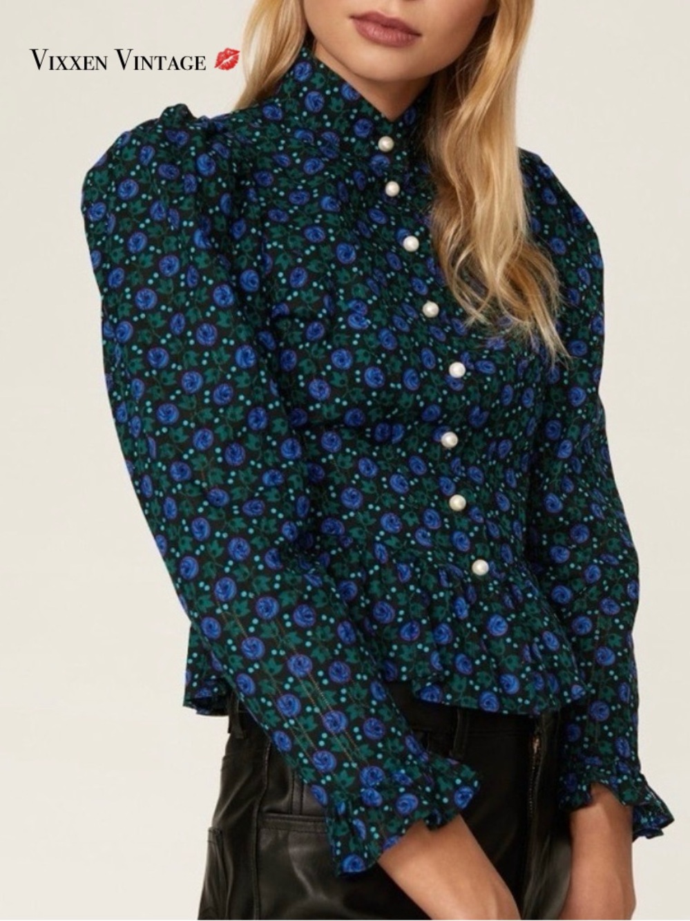 ANNA SUI X BATSHEVA HIGH NECK COLLAR PEPLUM 'GRACE TOP' IN CORNFLOWER